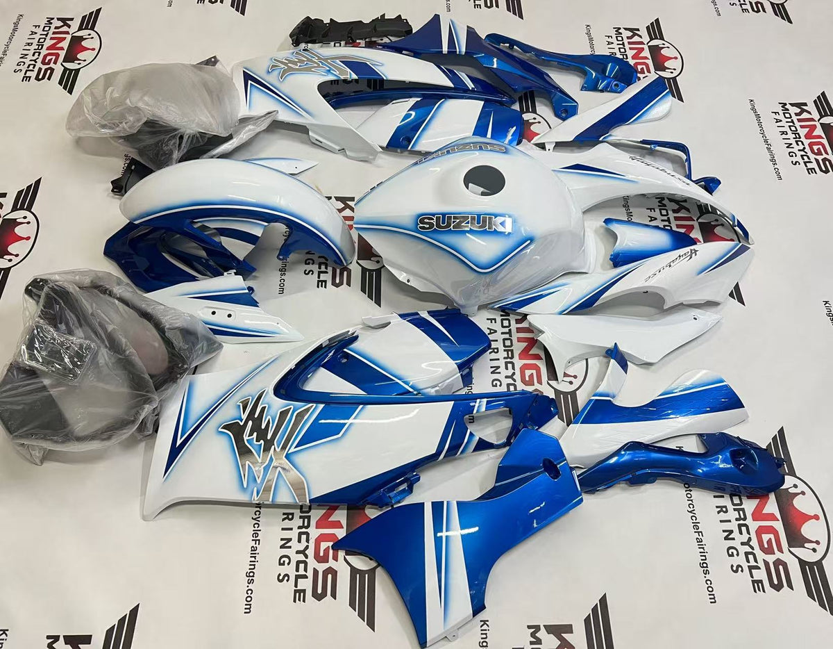 Suzuki Hayabusa Fairings (2021-2025) White, Blue Glow Stripes at KingsMotorcycleFairings.com