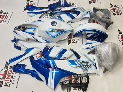 Suzuki Hayabusa Fairings (2021-2025) White, Blue Glow Stripes from KingsMotorcycleFairings.com