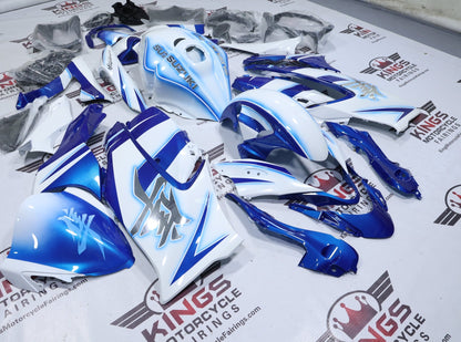 Suzuki Hayabusa Fairings (2021-2025) White, Blue Stripe Glow at KingsMotorcycleFairings.com