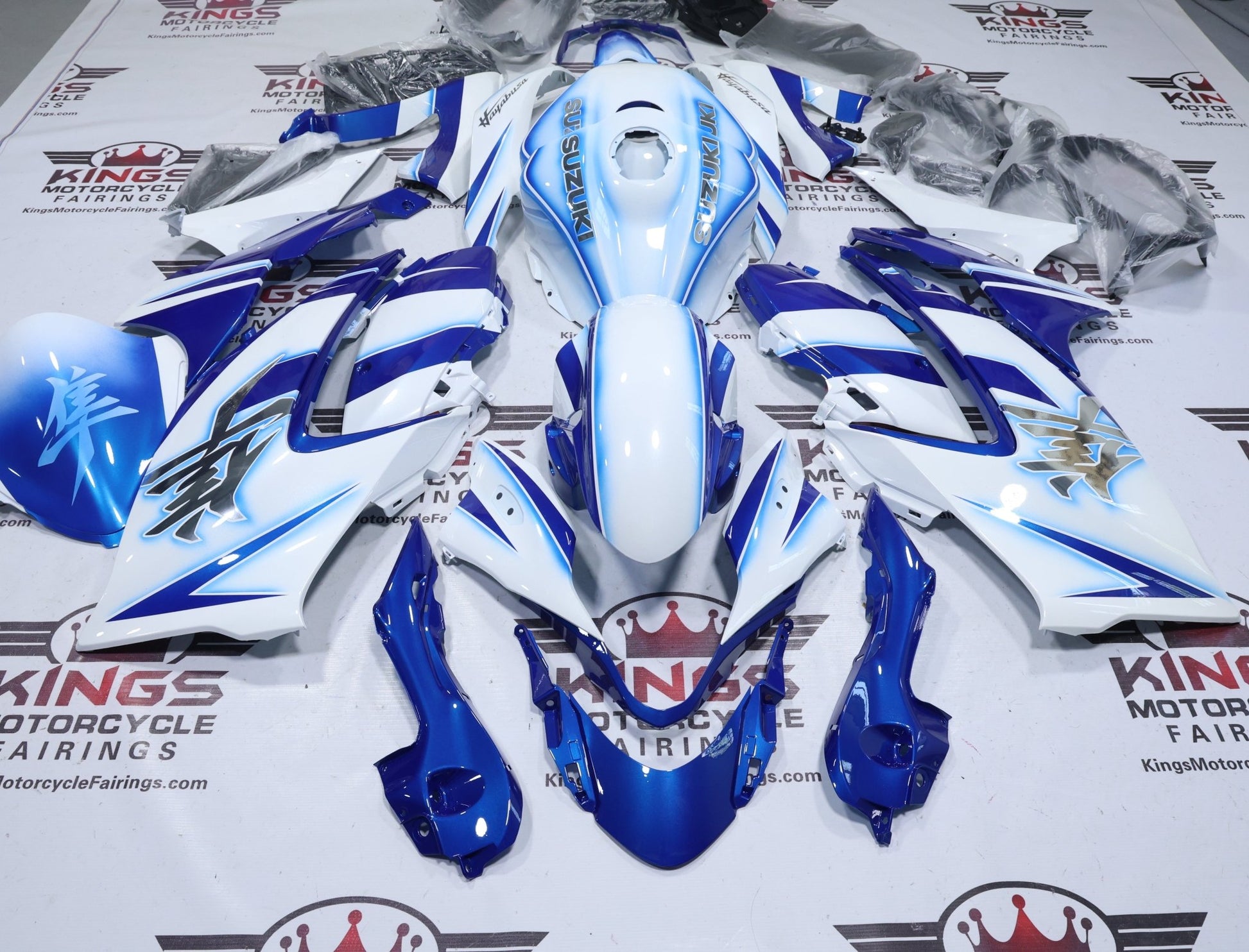 Suzuki Hayabusa Fairings (2021-2025) White, Blue Stripe Glow from KingsMotorcycleFairings.com