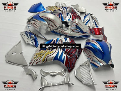 Suzuki Hayabusa Fairings (2008-2019) Silver, Blue Flames at KingsMotorcycleFairings.com