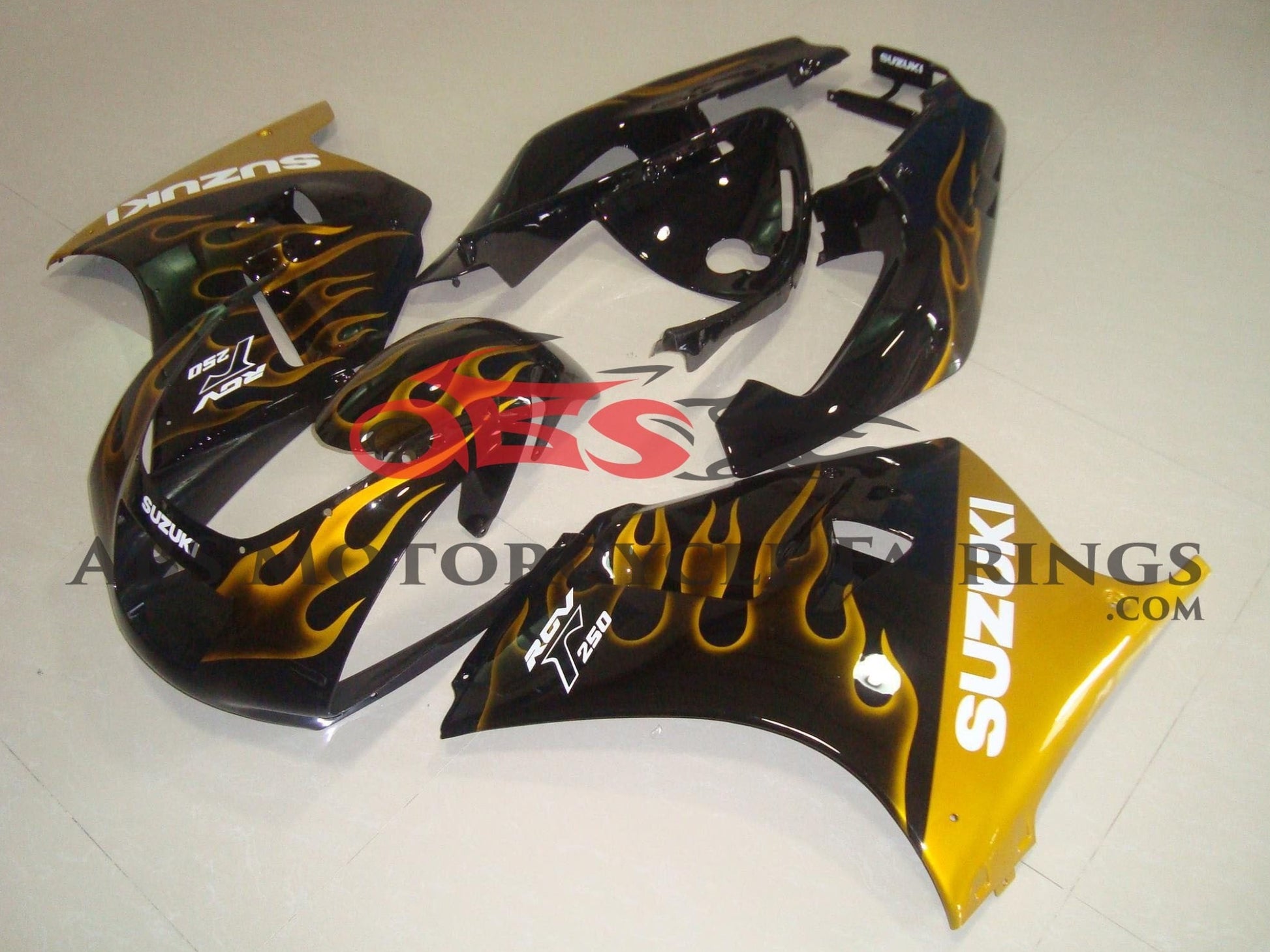 Suzuki RGV250 VJ22 Fairings (1991-1996) Black, Gold Flames at KingsMotorcycleFairings.com