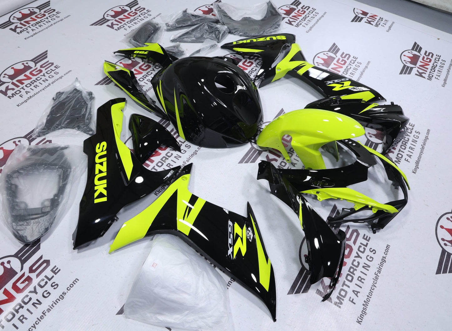 Suzuki GSX-R750 Fairings (2011-2024) Black, Neon Yellow from KingsMotorcycleFairings.com