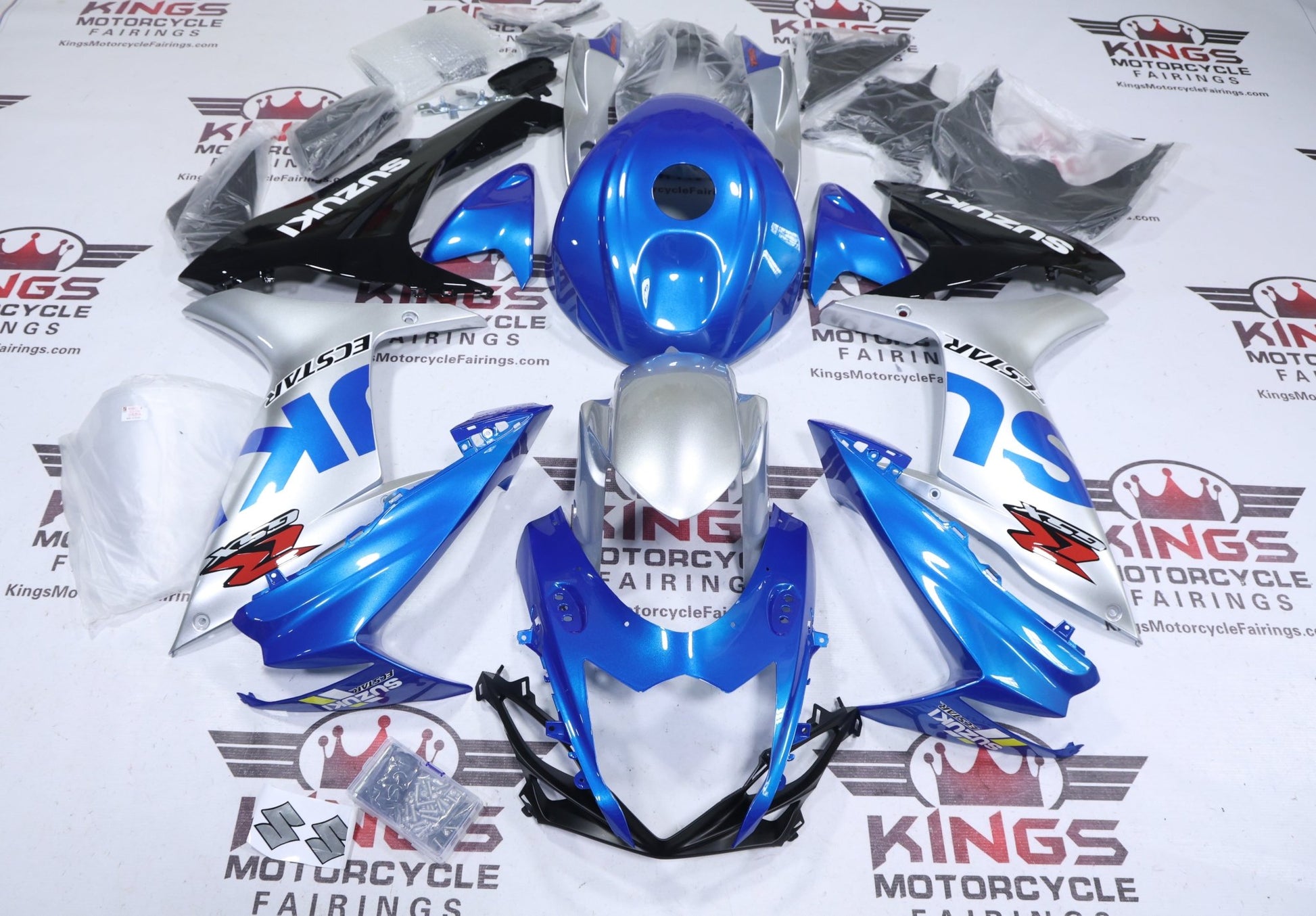 Suzuki GSX-R750 Fairings (2011-2024) Blue, Silver Ecstar from KingsMotorcycleFairings.com