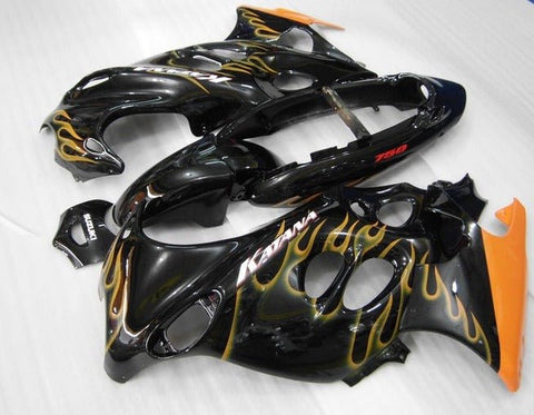 Suzuki GSX750F Katana Fairings (1998-2006) Black, Orange, Flames at KingsMotorcycleFairings.com