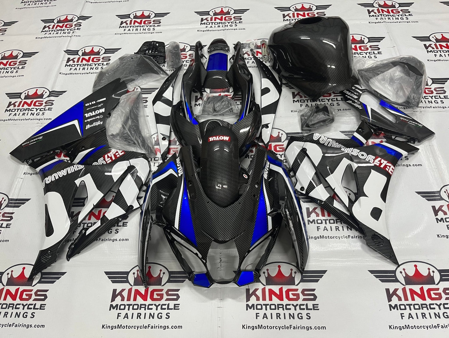 Suzuki GSXR1000 Fairings (2017-2025) Faux Carbon Fiber, Blue, White at KingsMotorcycleFairings.com