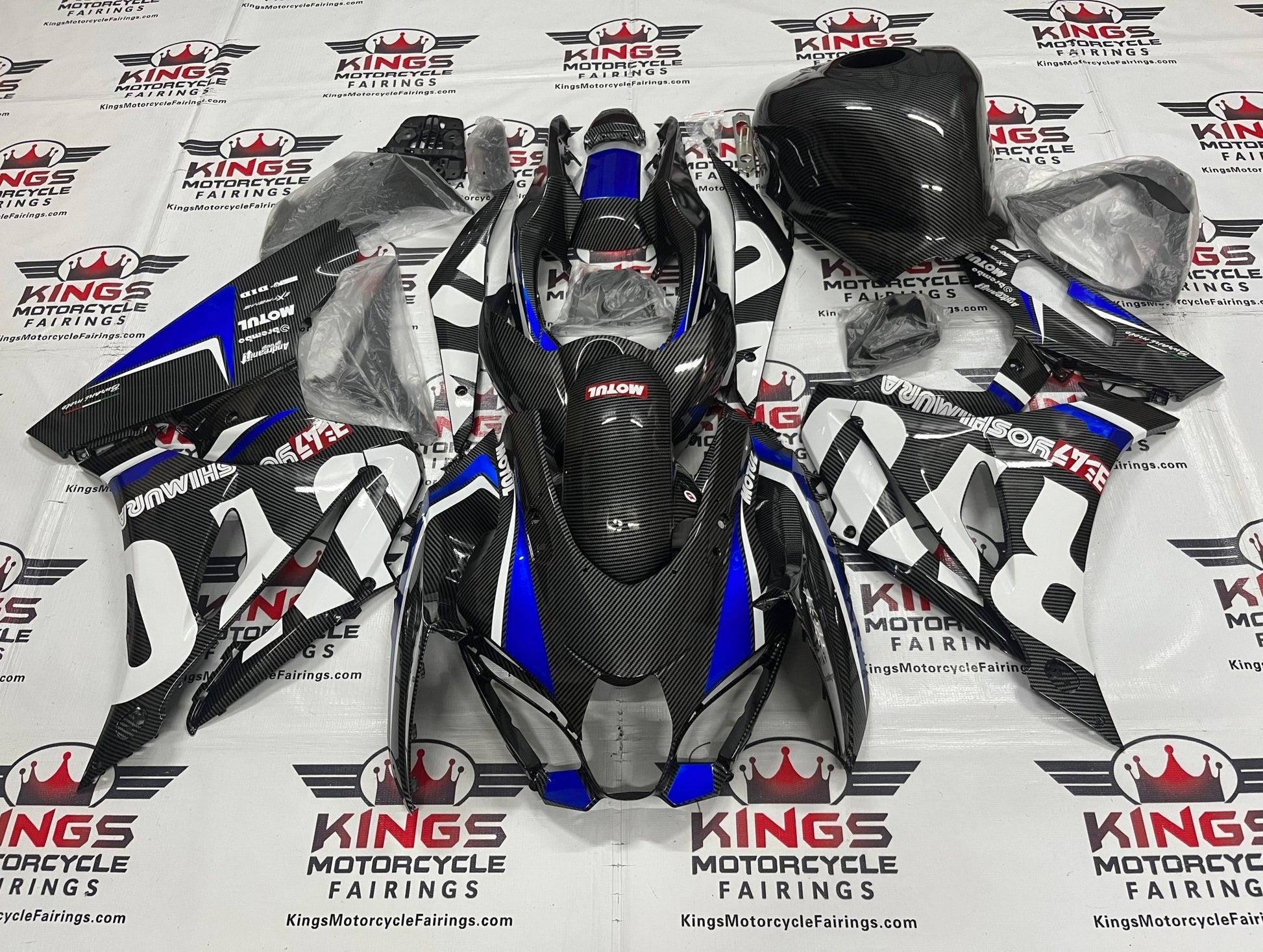 Suzuki GSXR1000 Fairings (2017-2025) Faux Carbon Fiber, Blue, White at KingsMotorcycleFairings.com