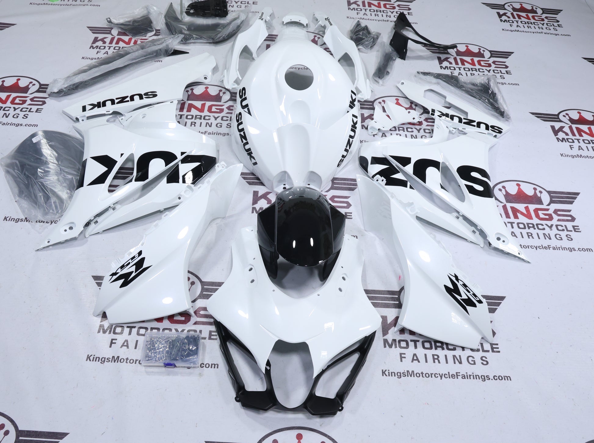 Suzuki GSXR1000 Fairings (2017-2025) Gloss White, Black from KingsMotorcycleFairings.com
