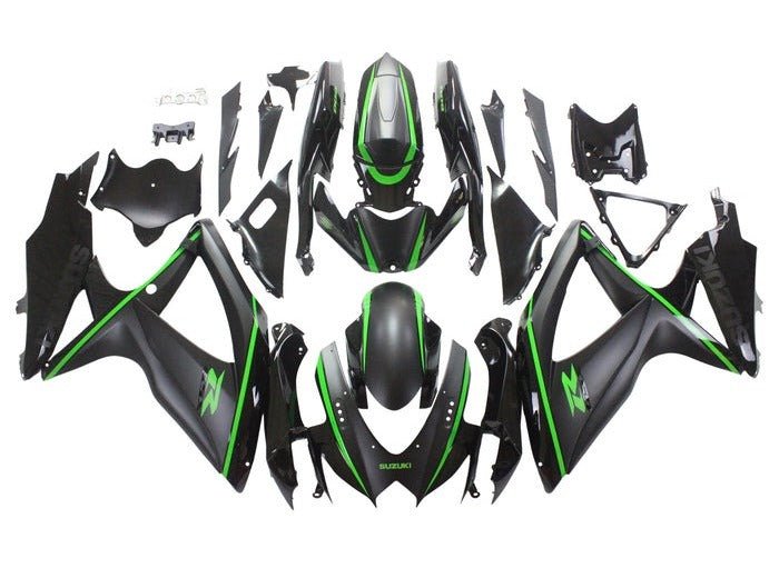 Suzuki GSXR600 Fairing Kit (2008-2010) Matte Black, Green Stripes at KingsMotorcycleFairings.com