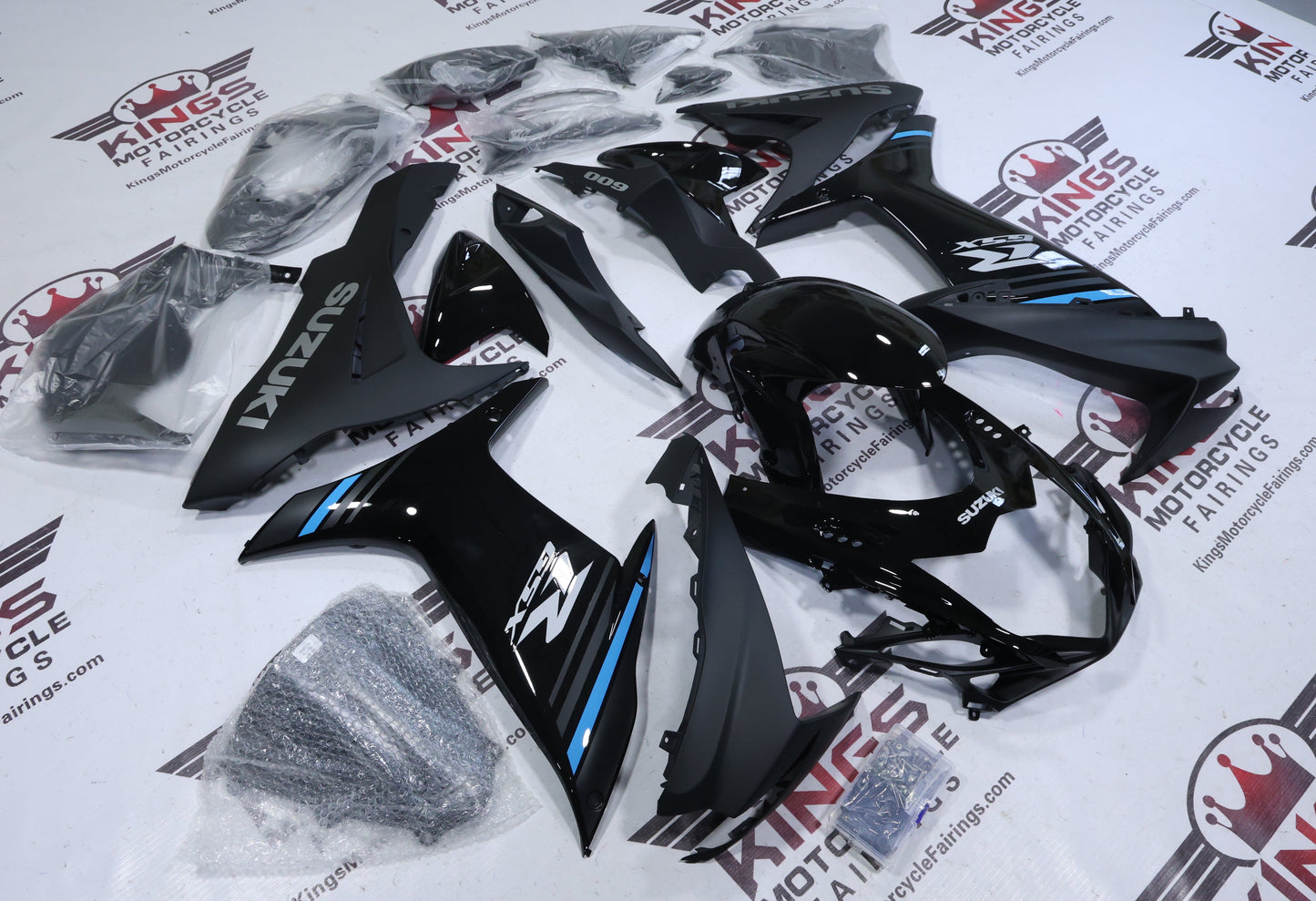 Suzuki GSXR600 Fairing Kit (2011-2024) Black, Matte Black, Blue Stripe at KingsMotorcycleFairings.com