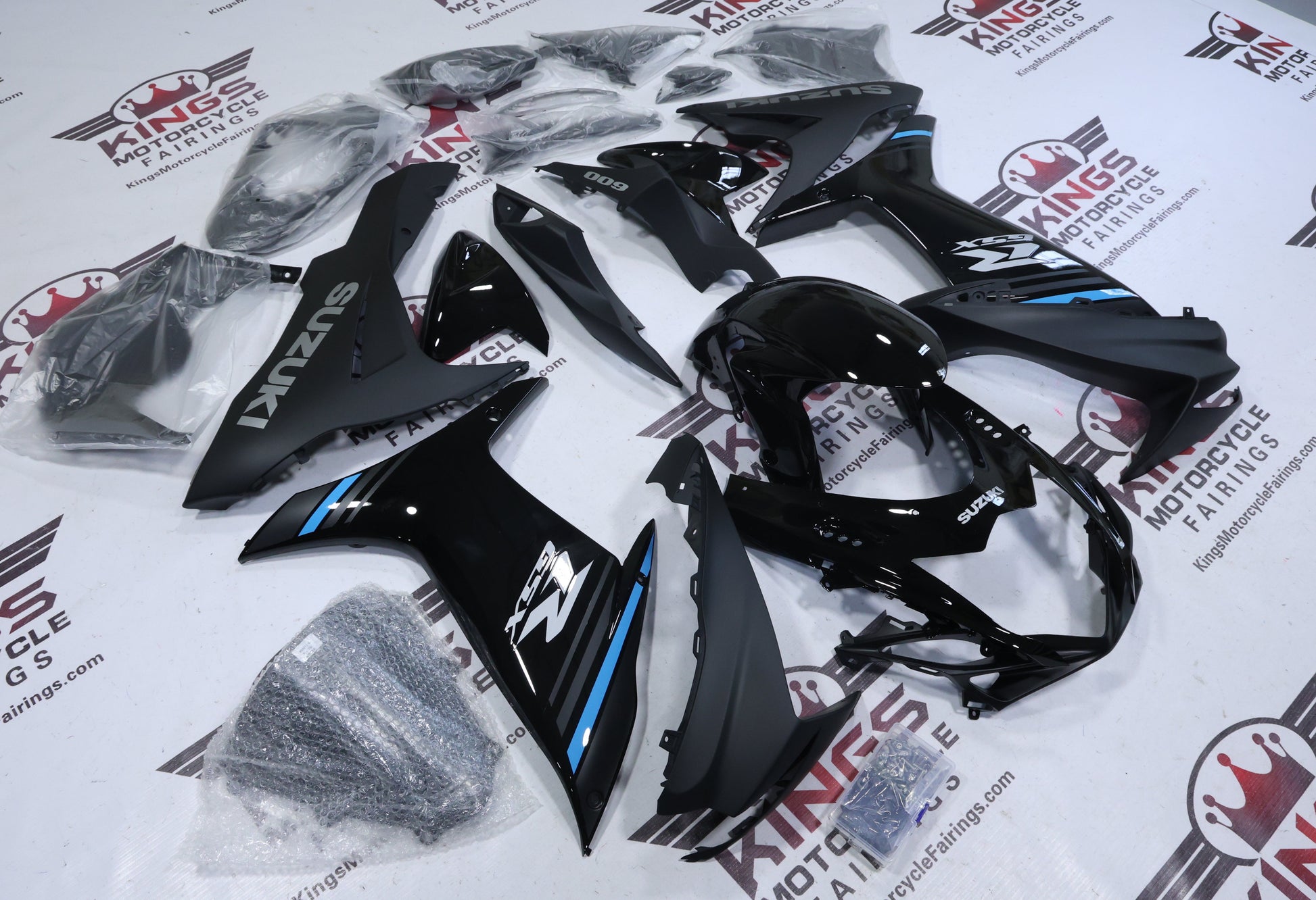 Suzuki GSXR600 Fairing Kit (2011-2024) Black, Matte Black, Blue Stripe at KingsMotorcycleFairings.com