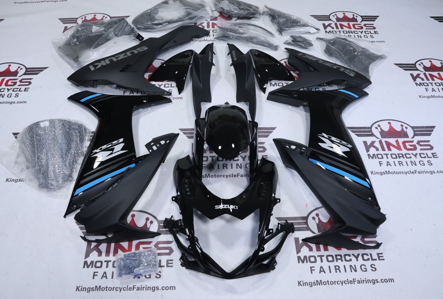 Suzuki GSXR600 Fairing Kit (2011-2024) Black, Matte Black, Blue Stripe from KingsMotorcycleFairings.com