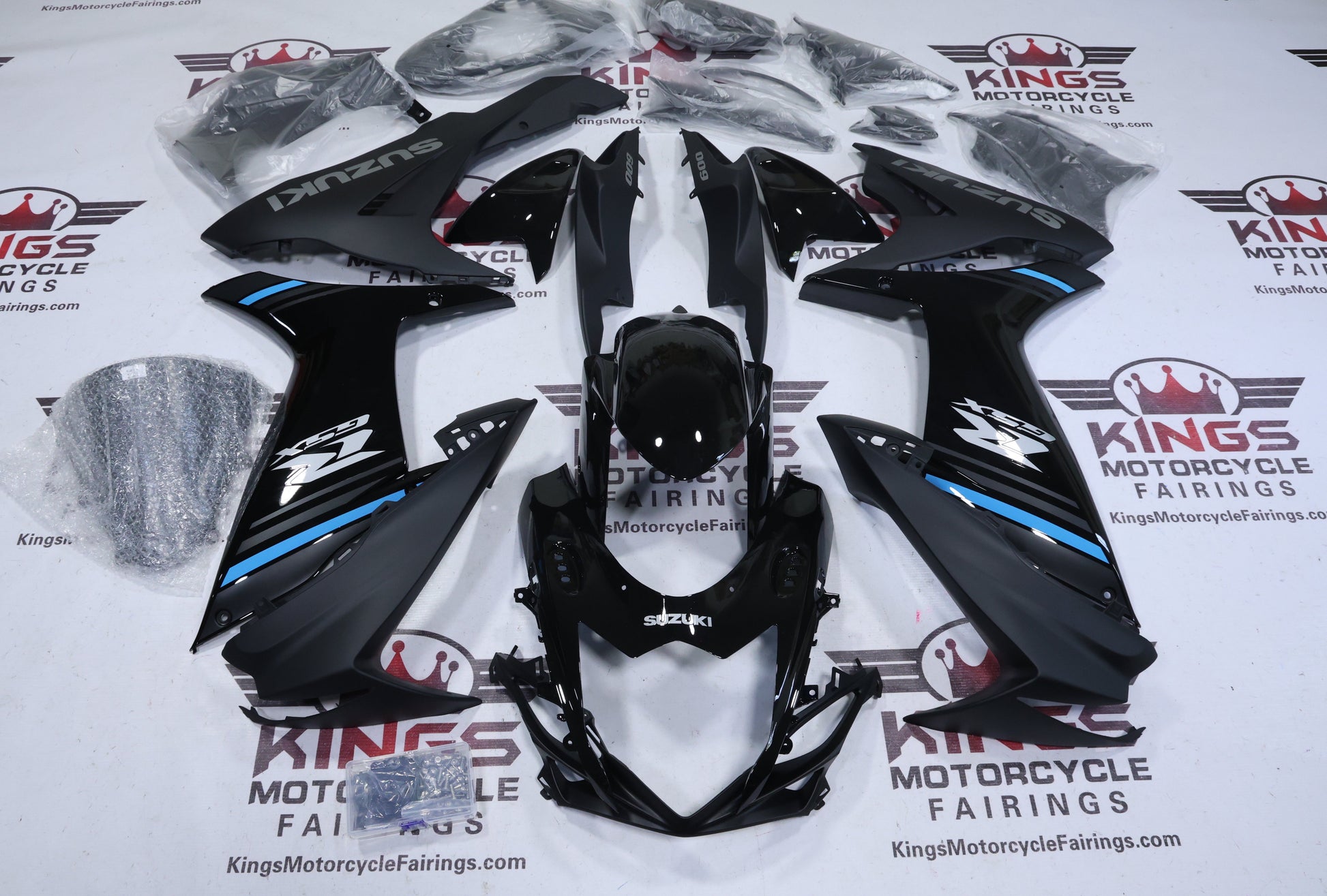 Suzuki GSXR600 Fairing Kit (2011-2024) Black, Matte Black, Blue Stripe from KingsMotorcycleFairings.com