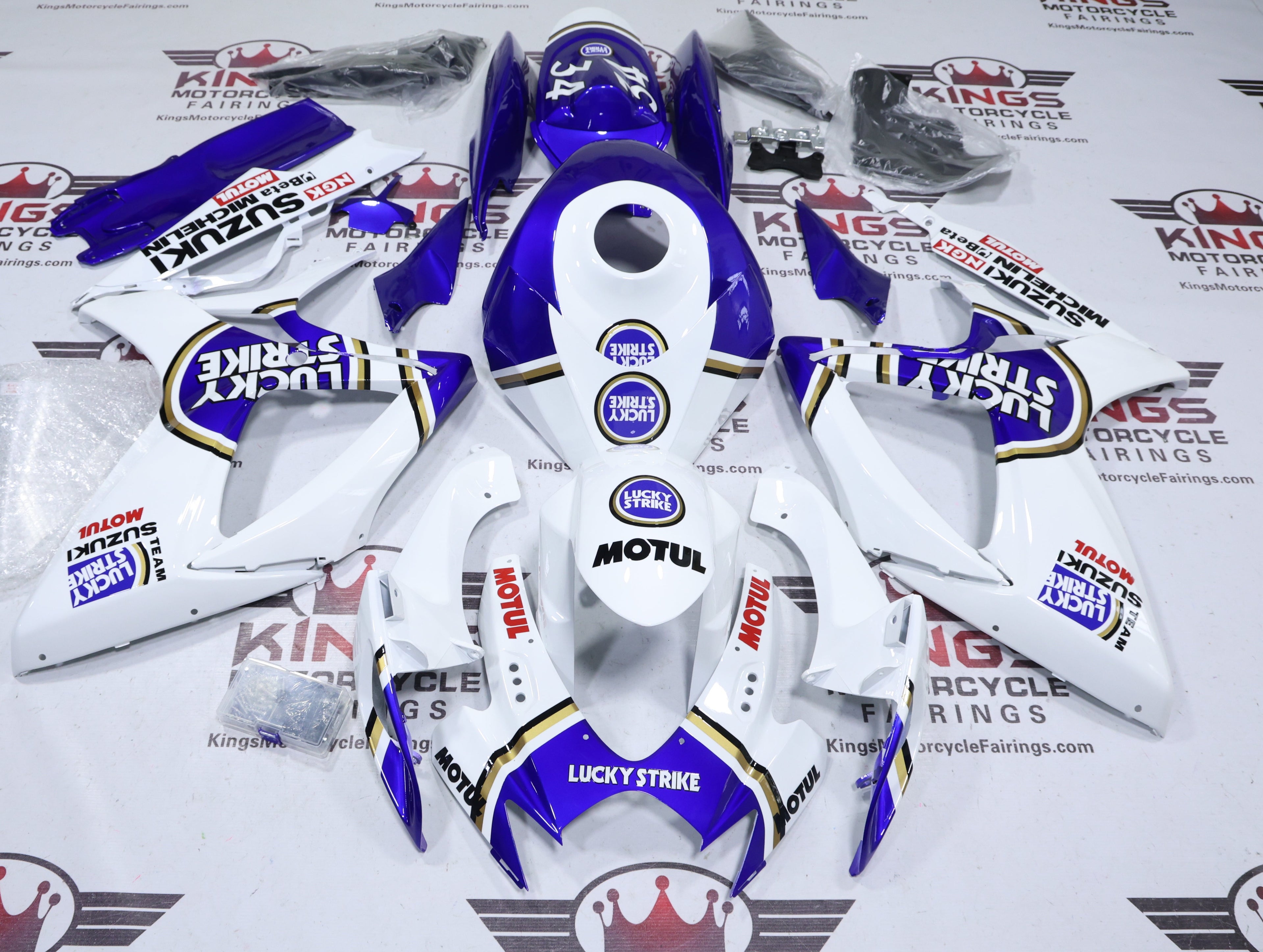 Suzuki GSXR750 Fairings (2006-2007) White, Blue Lucky Strike from KingsMotorcycleFairings.com