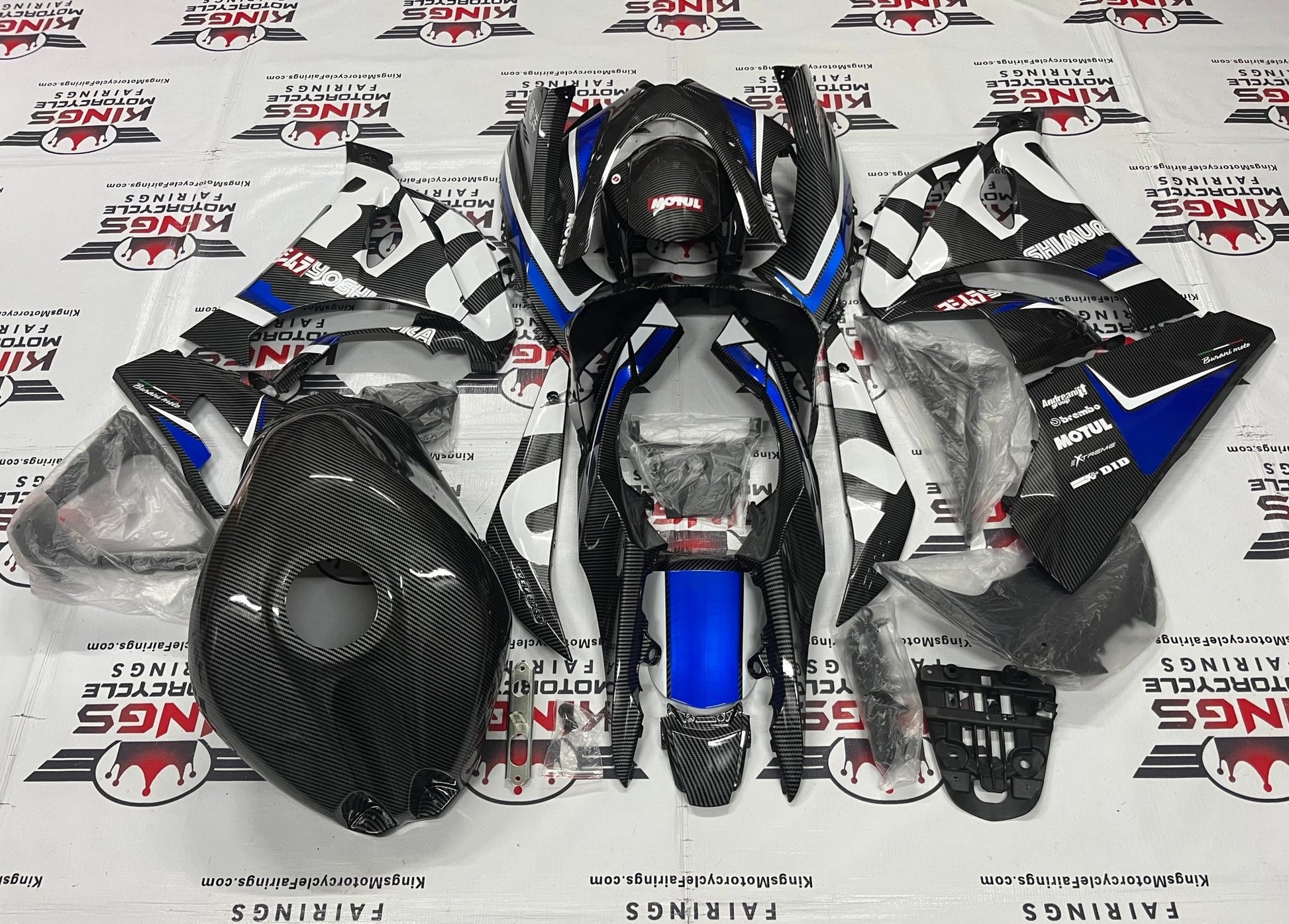 Suzuki GSXR 1000 Fairings (2017-2025) Faux Carbon Fiber, Blue, White at KingsMotorcycleFairings.com