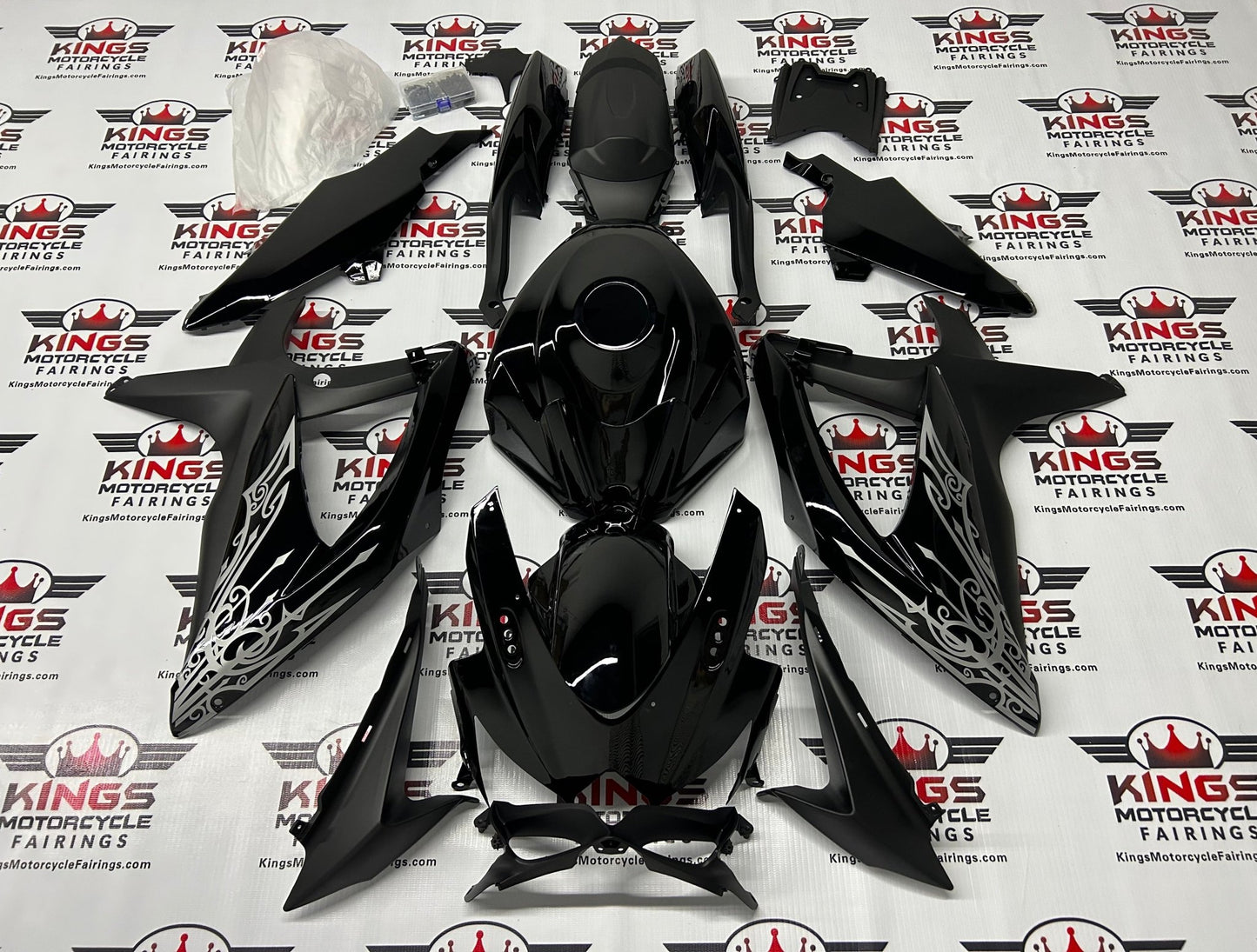 Suzuki GSXR 600 Fairings (2008-2010) Black, Matte Black, Silver Tribal at KingsMotorcycleFairings.com