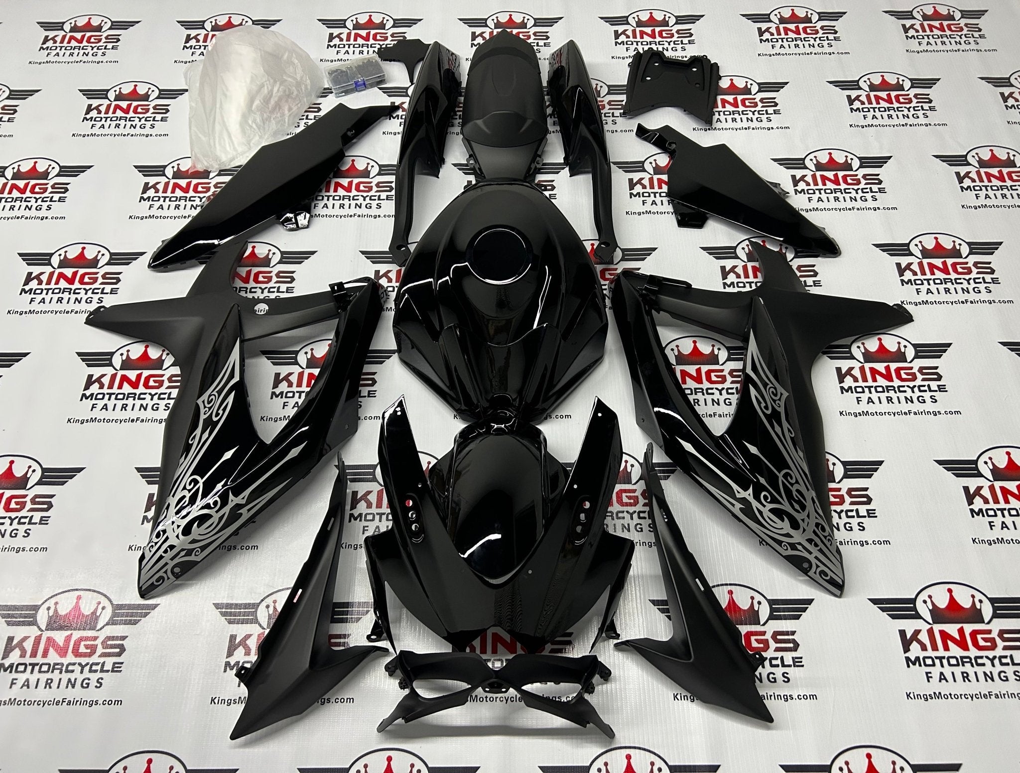 Suzuki GSXR 600 Fairings (2008-2010) Black, Matte Black, Silver Tribal at KingsMotorcycleFairings.com