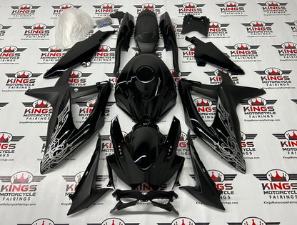Suzuki GSXR 600 Fairings (2008-2010) Black, Matte Black, Silver Tribal at KingsMotorcycleFairings.com