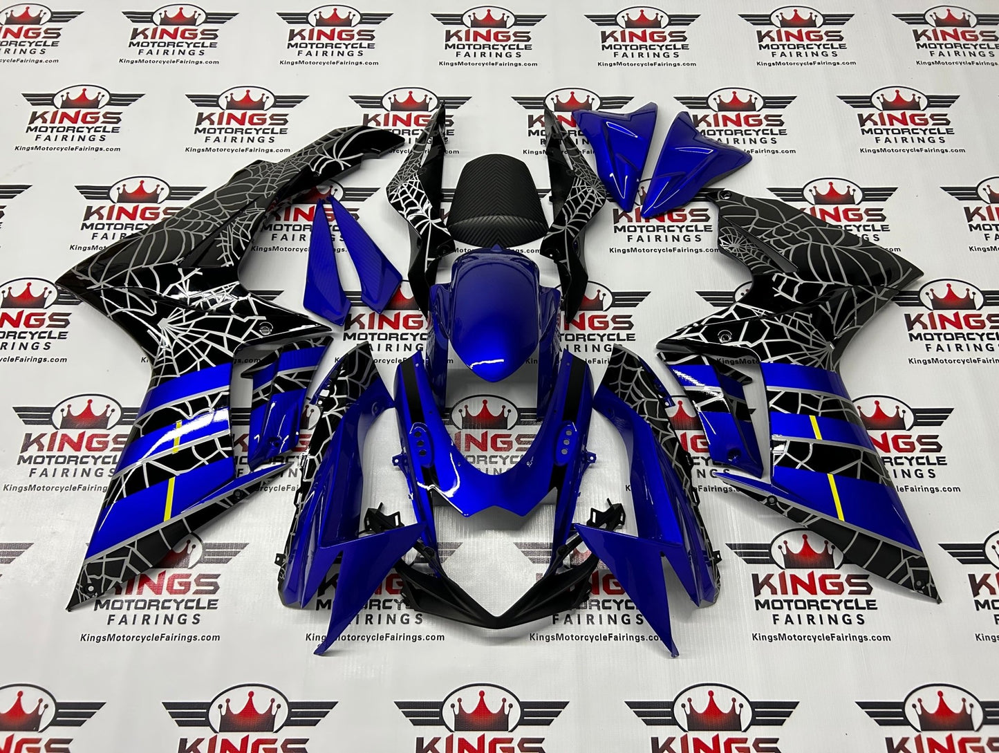 Suzuki GSXR 600 Fairings (2011-2024) Blue, Black, Silver Spider Web at KingsMotorcycleFairings.com