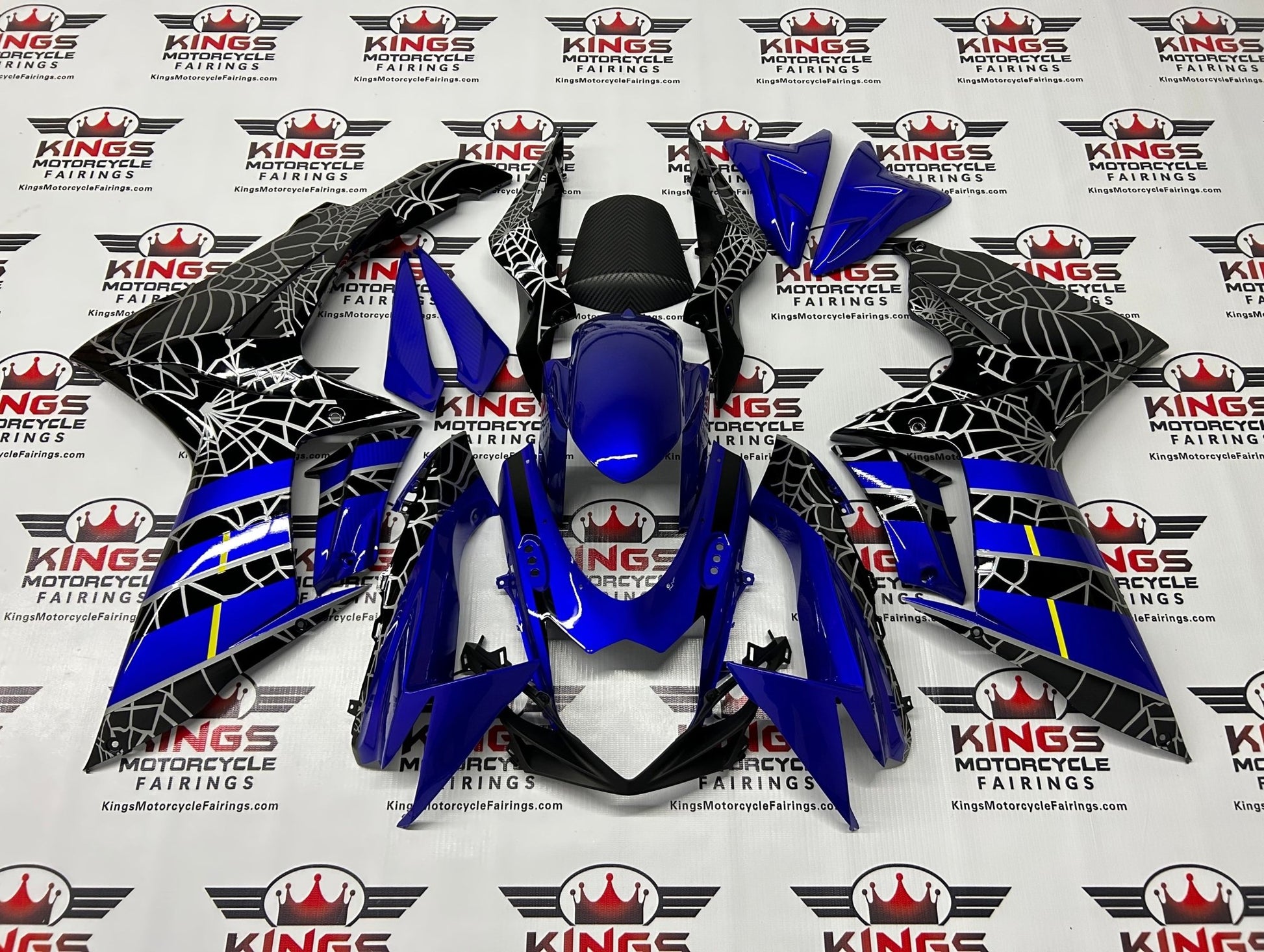 Suzuki GSXR 600 Fairings (2011-2024) Blue, Black, Silver Spider Web at KingsMotorcycleFairings.com