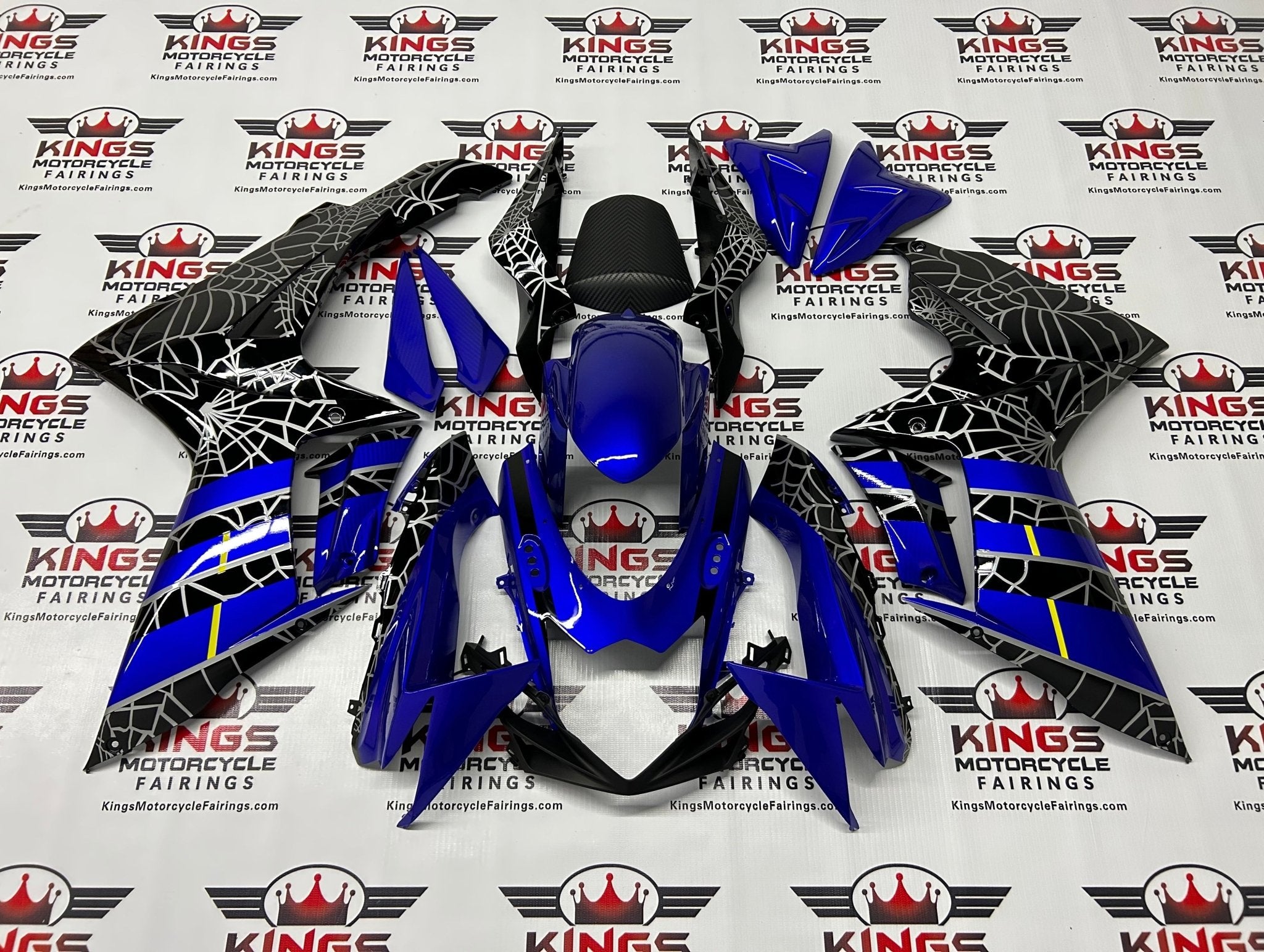 Suzuki GSXR 600 Fairings (2011-2024) Blue, Black, Silver Spider Web at KingsMotorcycleFairings.com