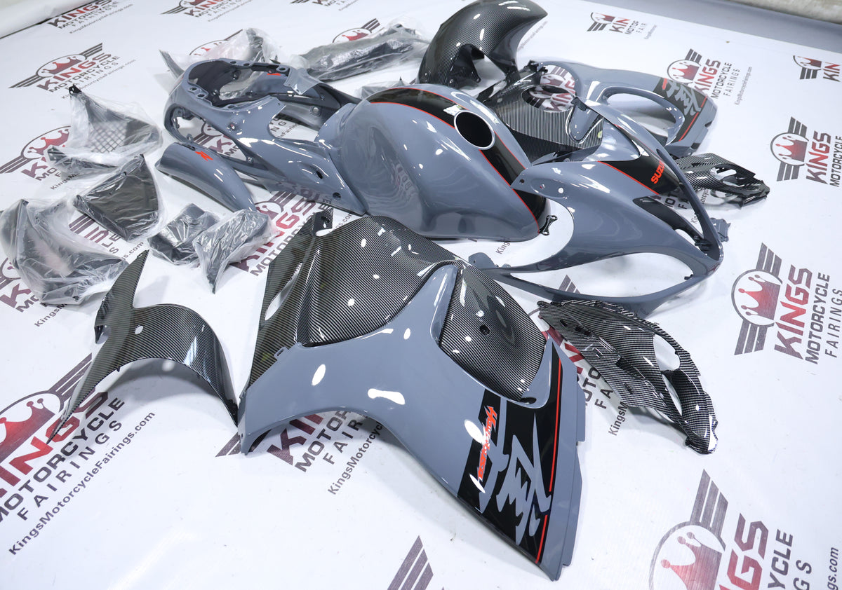 Suzuki Hayabusa Fairing Kit (2008-2020) Gray, Faux Carbon Fiber, Black, Red Stripe at KingsMotorcycleFairings.com