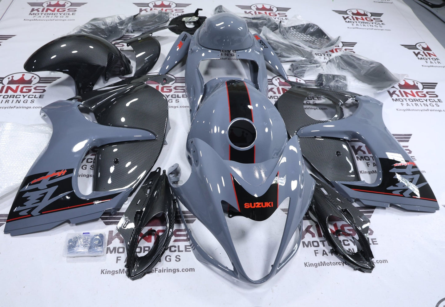 Suzuki Hayabusa Fairing Kit (2008-2020) Gray, Faux Carbon Fiber, Black, Red at KingsMotorcycleFairings.com