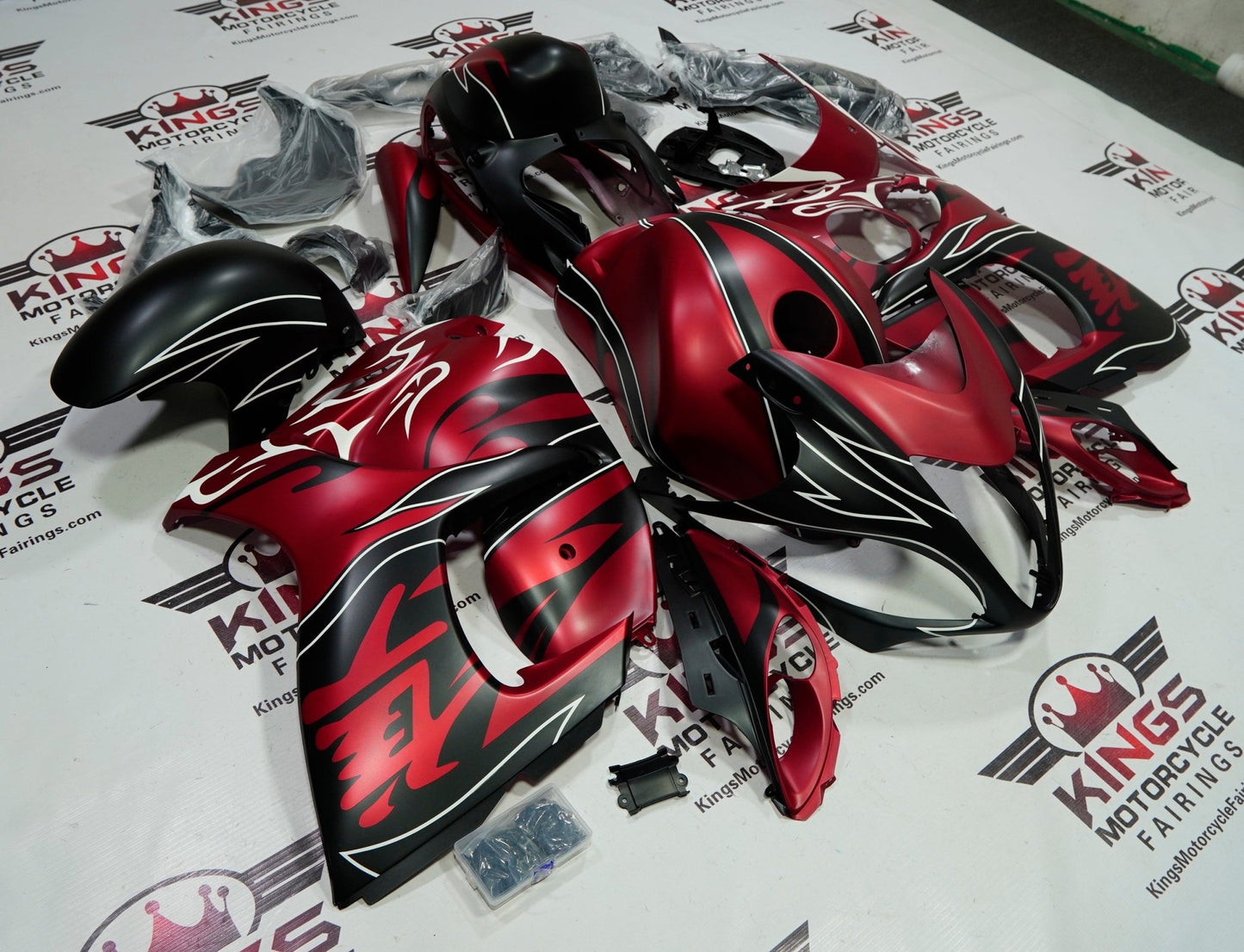Suzuki Hayabusa Fairing Kit (2008-2020) Matte Candy Red, Matte Black, White Tribal Flame at KingsMotorcycleFairings.com