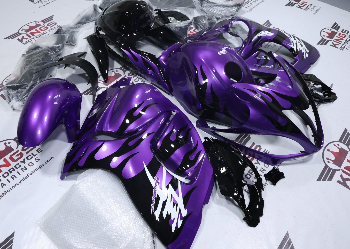 Suzuki Hayabusa Fairing Kit (2008-2020) Purple, Black Flames, White at KingsMotorcycleFairings.com
