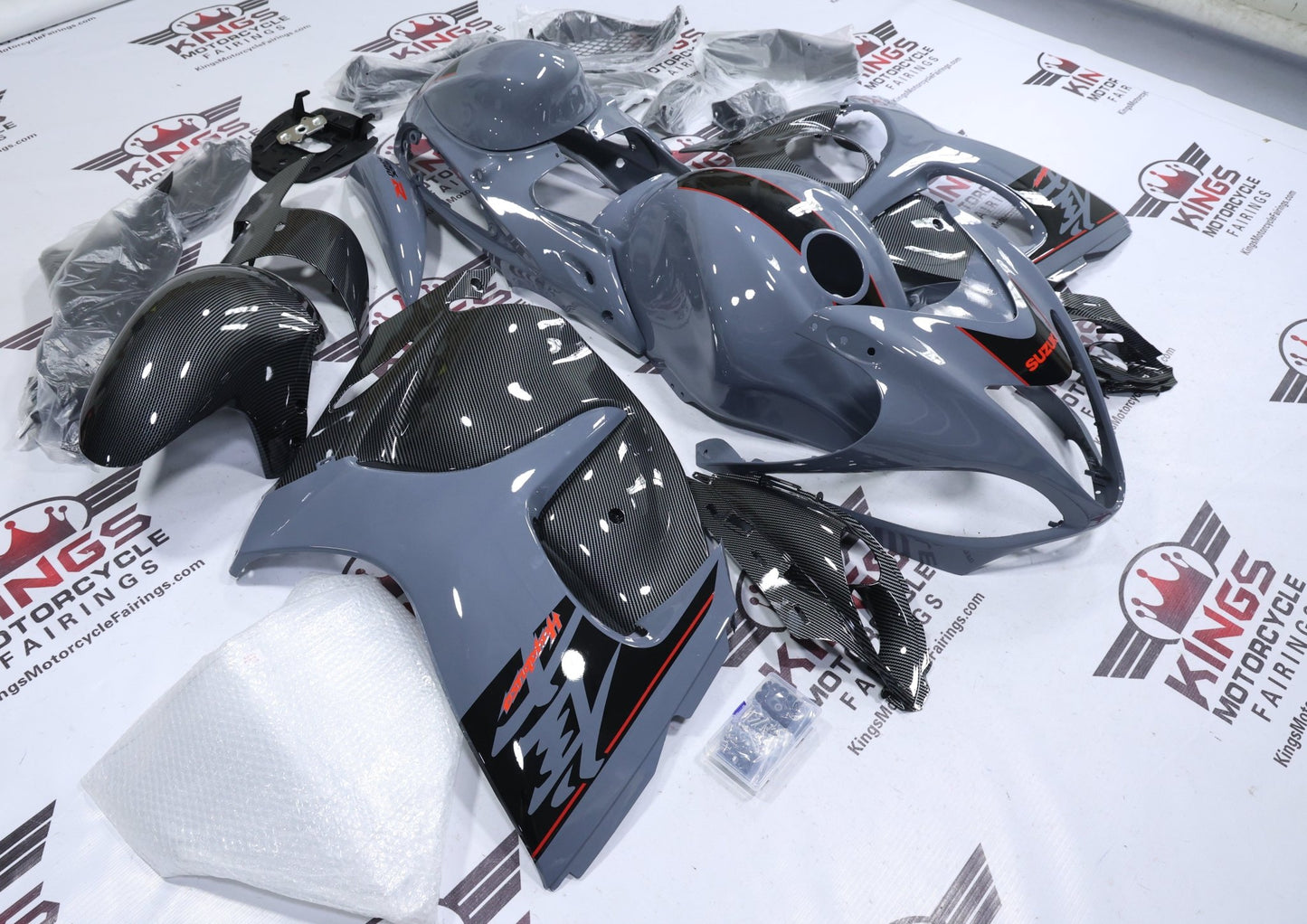 Suzuki Hayabusa Fairing Set (2008-2020) Gray, Faux Carbon Fiber, Black, Red at KingsMotorcycleFairings.com