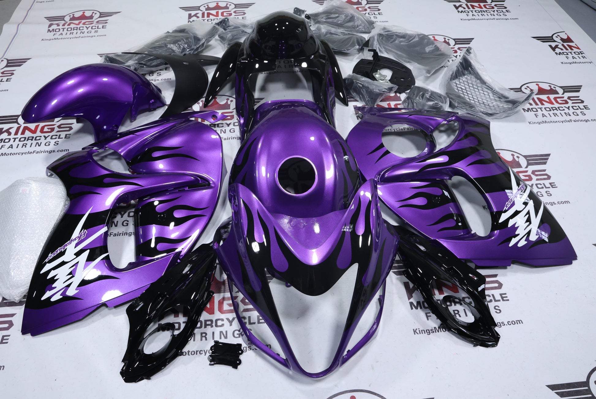 Suzuki Hayabusa Fairing Set (2008-2020) Purple, Black Flames, White at KingsMotorcycleFairings.com