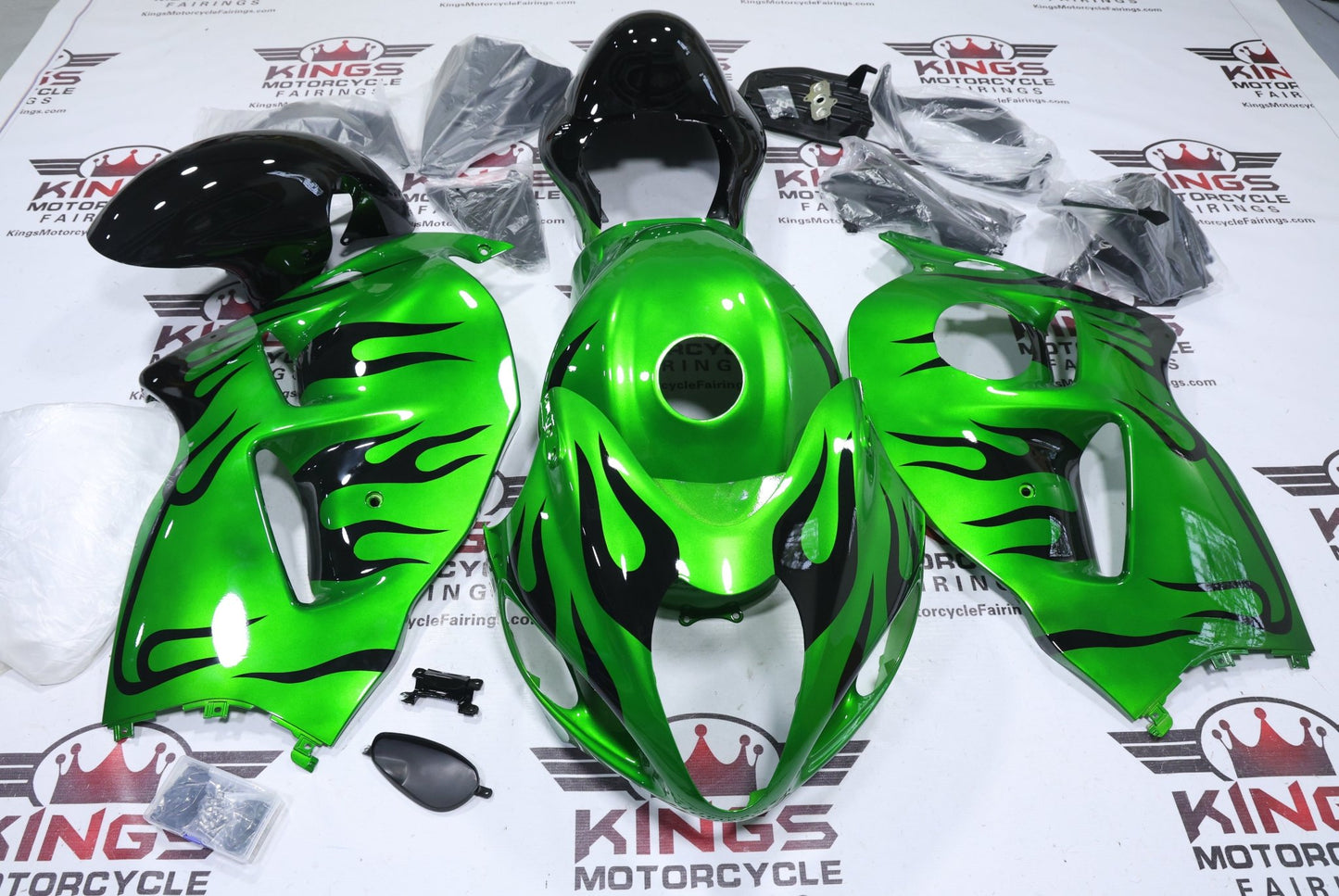 Suzuki Hayabusa Fairings (1999-2007) Green, Black Fire at KingsMotorcycleFairings.com