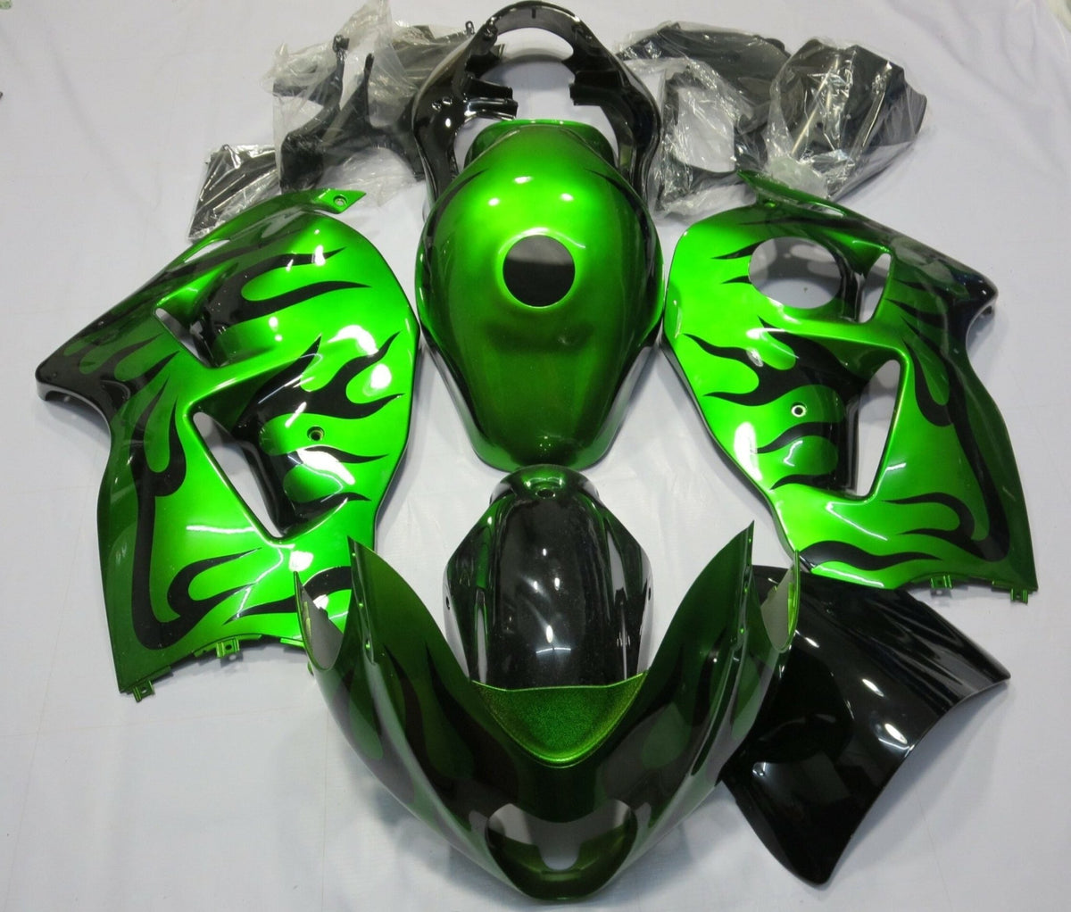 Suzuki Hayabusa Fairings (1999-2007) Green, Black Flame from KingsMotorcycleFairings.com