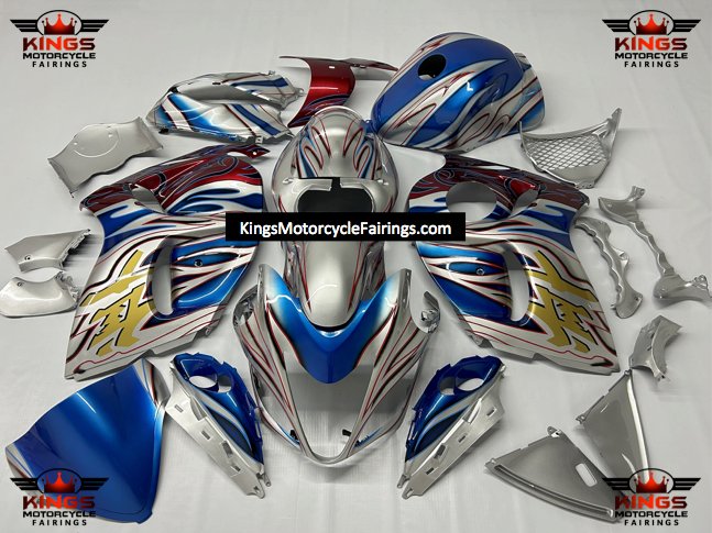 Suzuki Hayabusa Fairings (2008-2020) Silver, Blue, Red, Gold Tribal Flames at KingsMotorcycleFairings.com