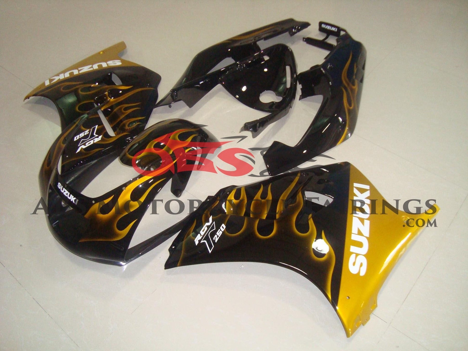 Suzuki RGV250 VJ22 Fairings (1991-1996) Black, Gold Flames from KingsMotorcycleFairings.com