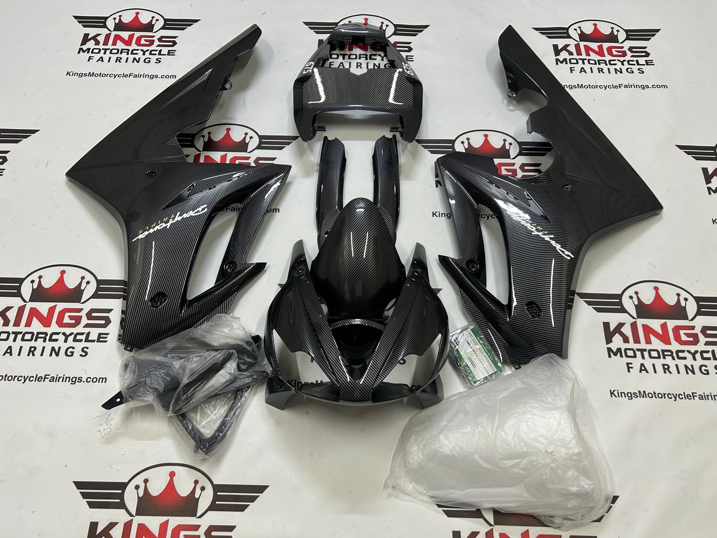 Triumph Daytona 675 Fairings (2006-2008) Faux Carbon Fiber, White at KingsMotorcycleFairings.com