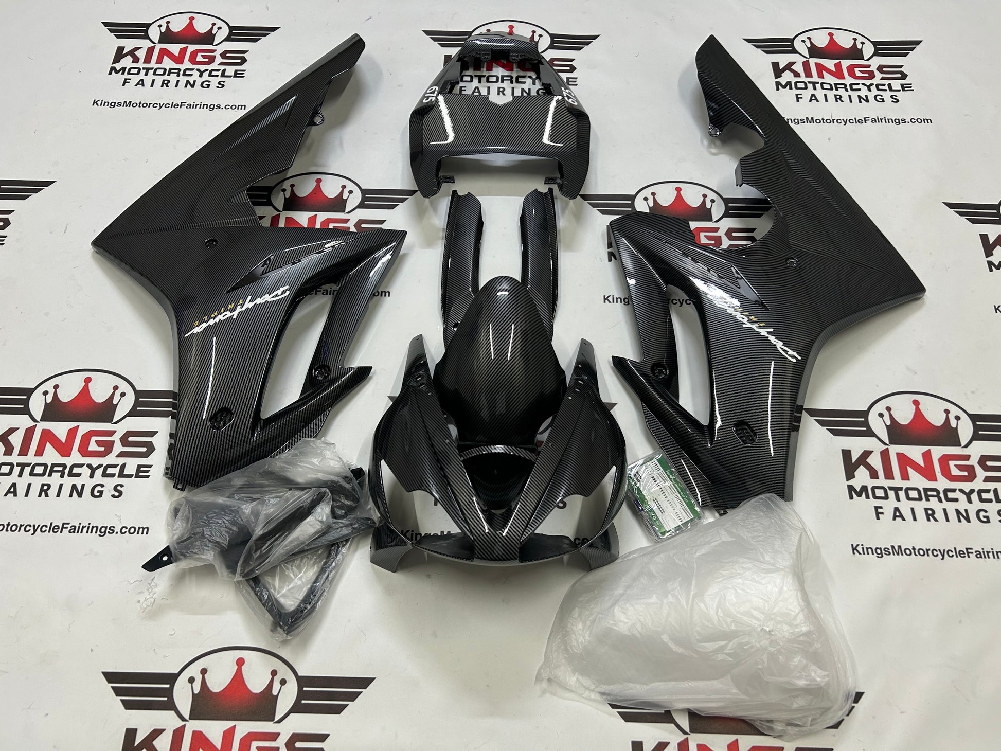 Triumph Daytona 675 Fairings (2006-2008) Faux Carbon Fiber, White at KingsMotorcycleFairings.com