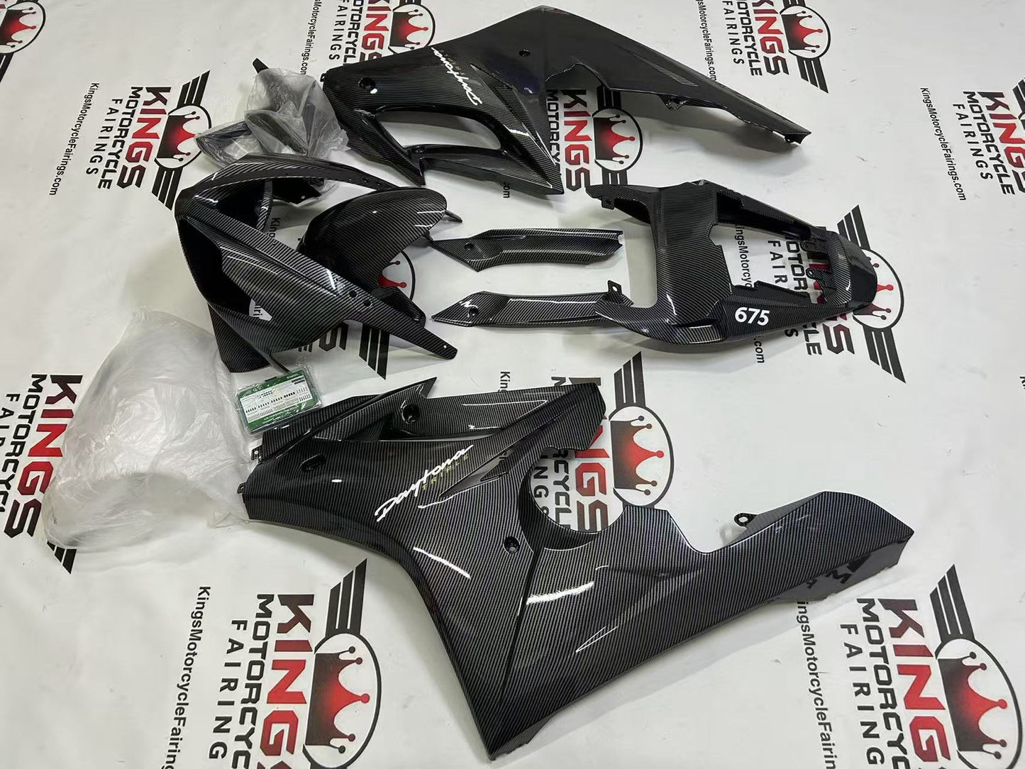 Triumph Daytona 675 Fairings (2006-2008) Faux Carbon Fiber, White from KingsMotorcycleFairings.com