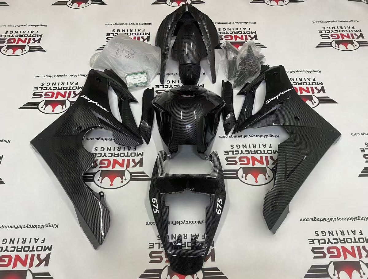 Triumph Daytona 675 Fairings (2006-2008) Gloss Faux Carbon Fiber, White from KingsMotorcycleFairings.com