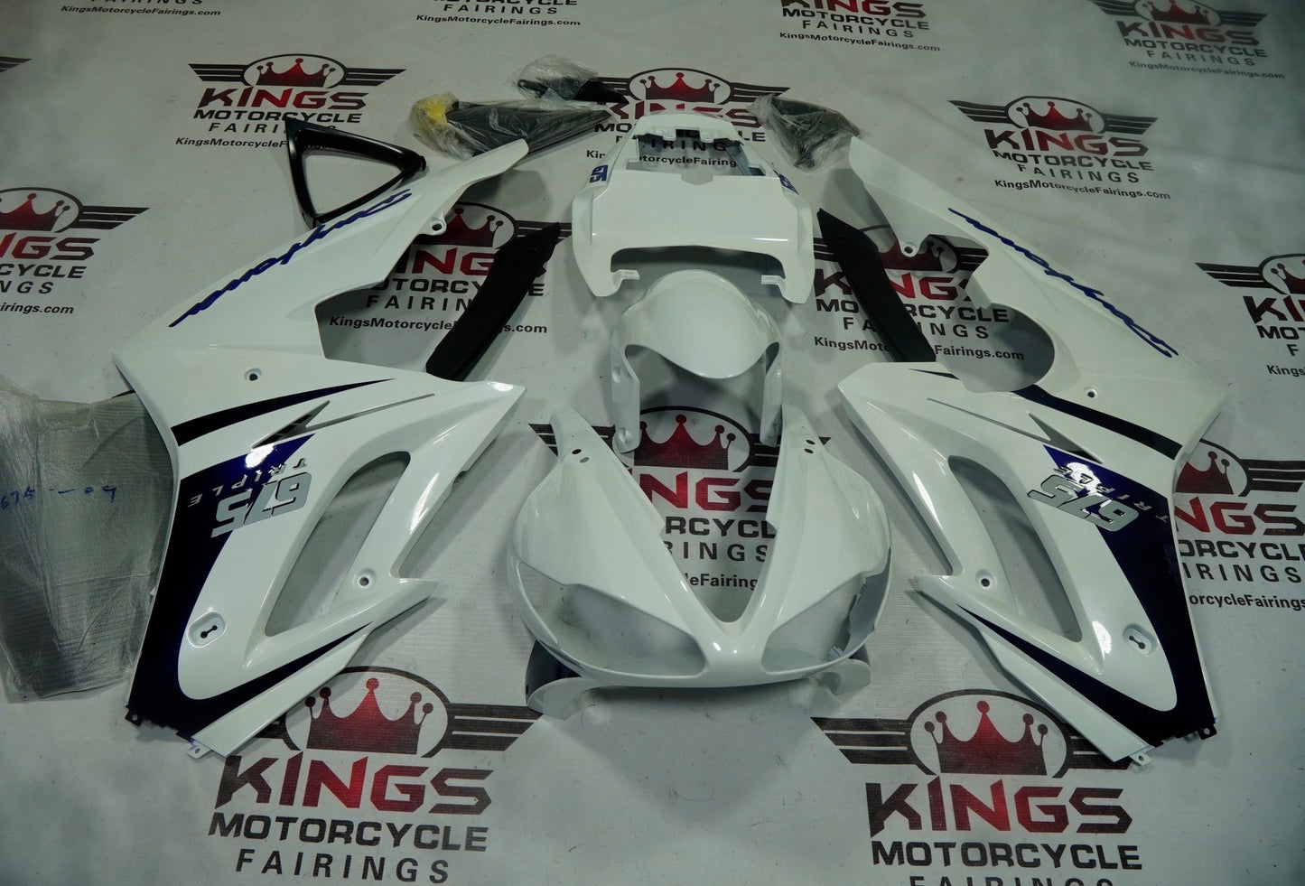 Triumph Daytona 675 Fairings (2009-2012) Pearl White, Dark Blue at KingsMotorcycleFairings.com