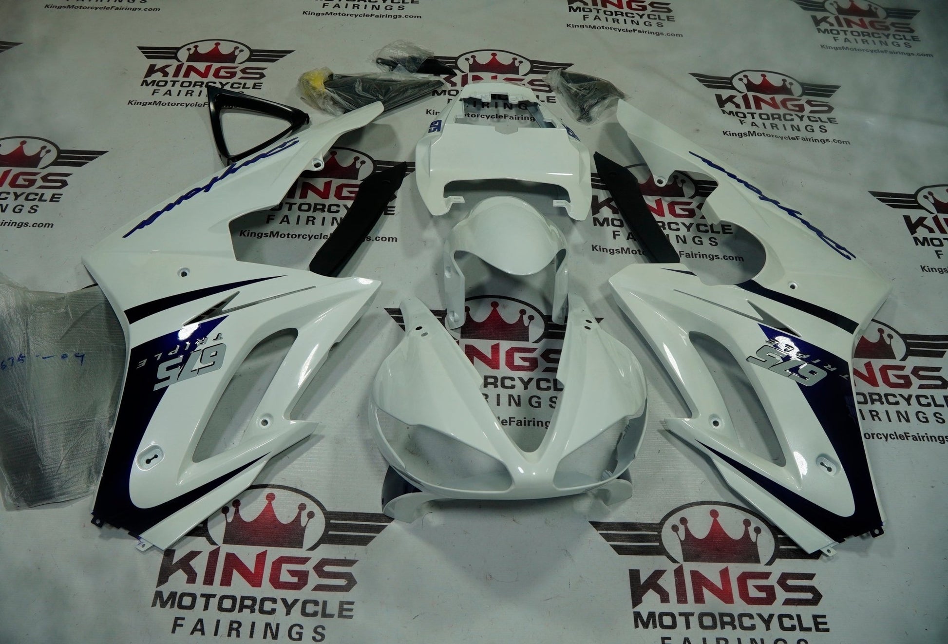 Triumph Daytona 675 Fairings (2009-2012) Pearl White, Dark Blue at KingsMotorcycleFairings.com