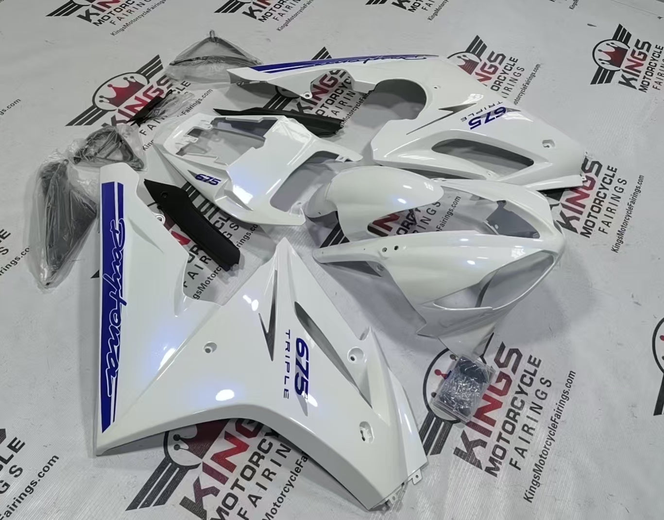 Triumph Daytona 675 Fairing Kit (2009-2012) White Pearl, Blue from KingsMotorcycleFairings.com