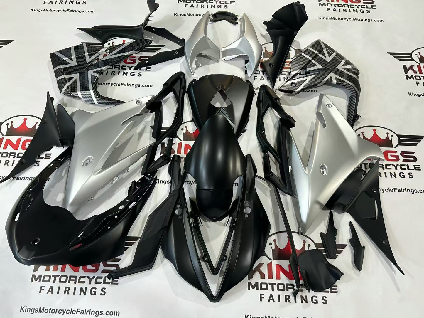 Triumph Daytona 675 Fairings (2013-2016) Matte Black, Matte Silver Flag at KingsMotorcycleFairings.com