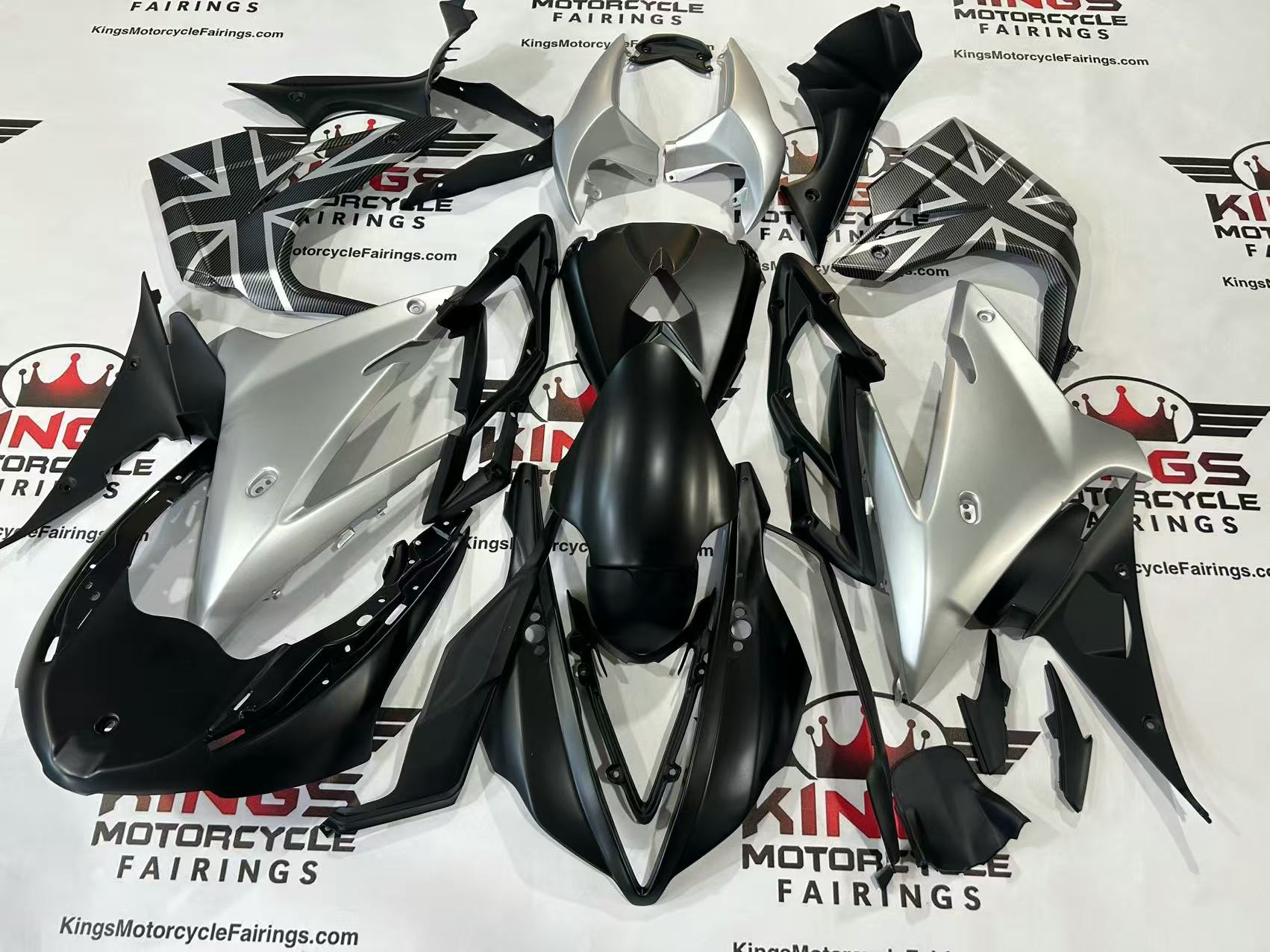 Triumph Daytona 675 Fairings (2013-2016) Matte Black, Matte Silver Flag at KingsMotorcycleFairings.com