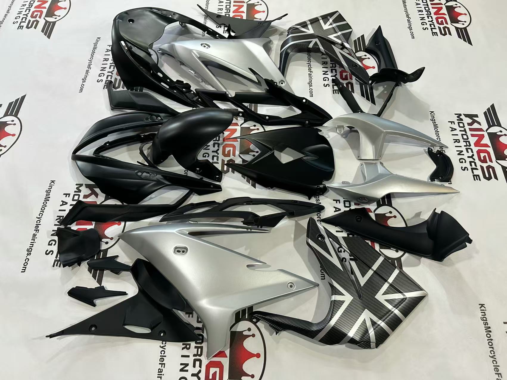 Triumph Daytona 675 Fairings (2013-2016) Matte Black, Matte Silver Flag from KingsMotorcycleFairings.com