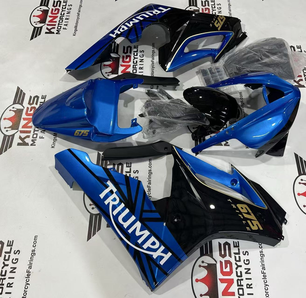 Triumph Daytona 675 Race Fairing Set (2006-2008) Blue, Black, Gold, White at KingsMotorcycleFairings.com