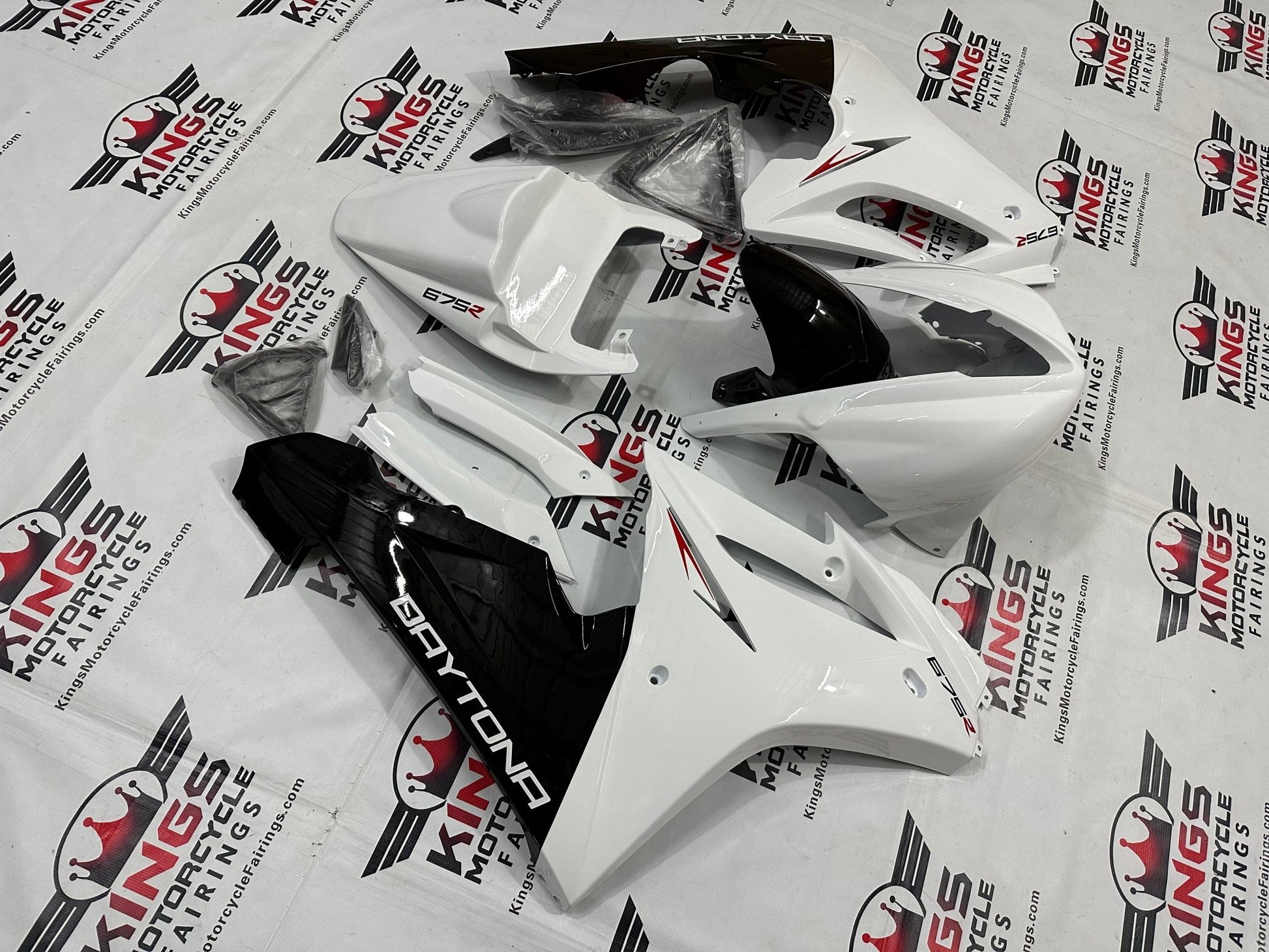 Triumph Daytona 675 Race Fairings (2009-2012) White, Black, Red from KingsMotorcycleFairings.com