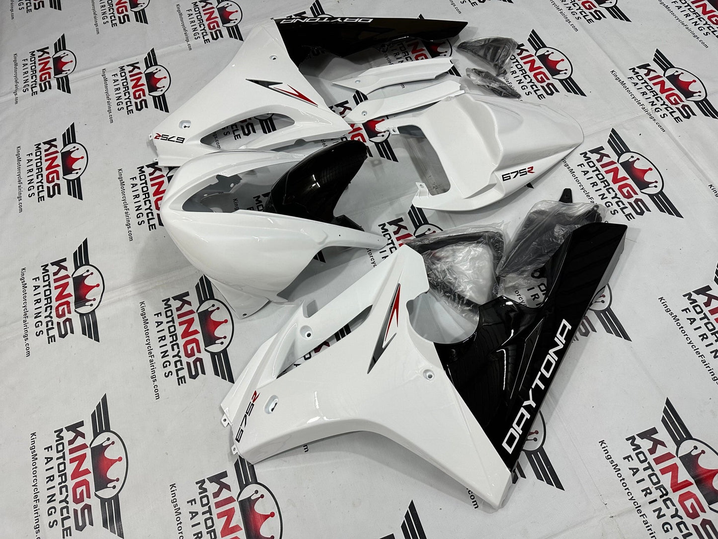 Triumph Daytona 675 Race Fairing Kit (2009-2012) White, Black, Red at KingsMotorcycleFairings.com