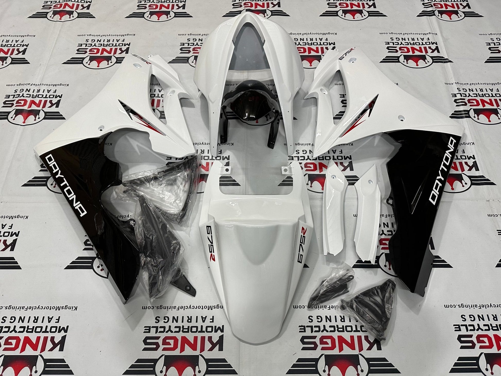 Triumph Daytona 675 Race Fairing Set (2009-2012) White, Black, Red at KingsMotorcycleFairings.com