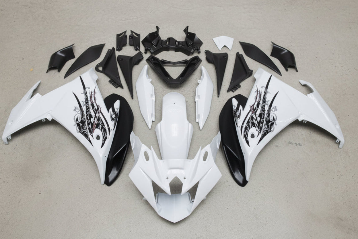 Yamaha FZ6R Fairings (2009-2015) White, Black Tribal at KingsMotorcycleFairings.com